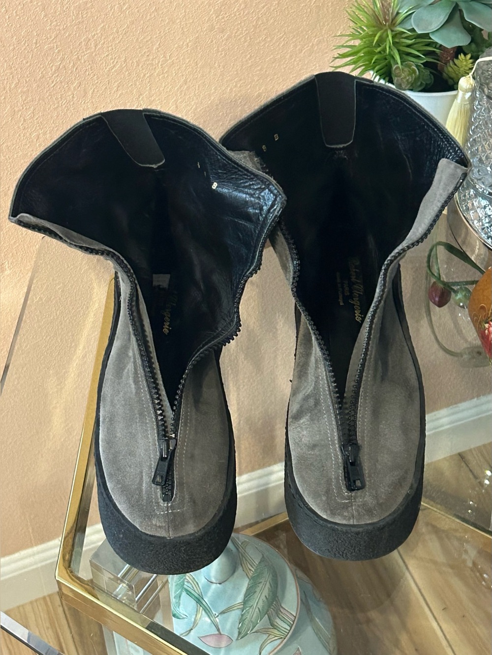 Robert Clergerie Platform Grey and Black Suede Leather Zip Ankle Boots Size 8